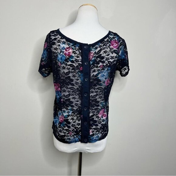 Garage Womens Size Medium Y2K Blue Floral Sheer Lace Baby Tee Back Buttons Shirt - Picture 2 of 11